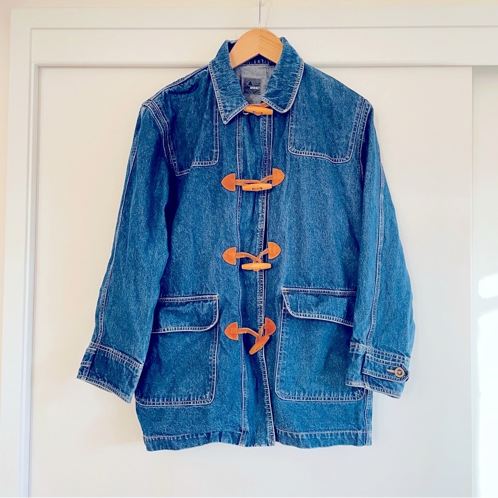 Vintage LIZWEAR Denim Coat Wood Leather Toggles Blue Jacket Women Petite Small